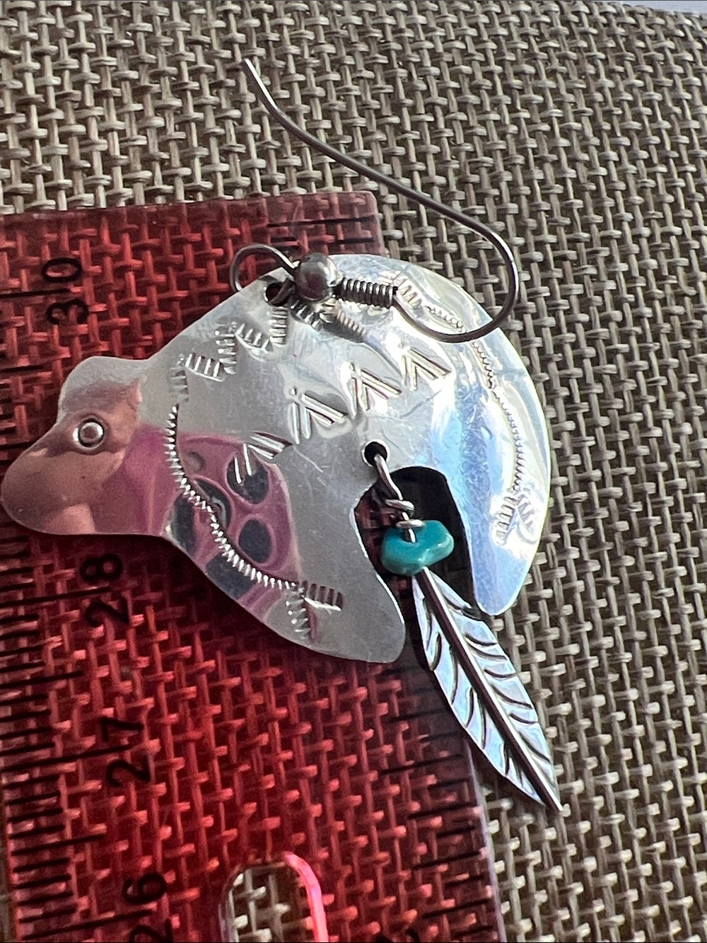 Silver Bear Feather Earrings with Turquoise Beads - Women Jewelry - Picture 3 of 5